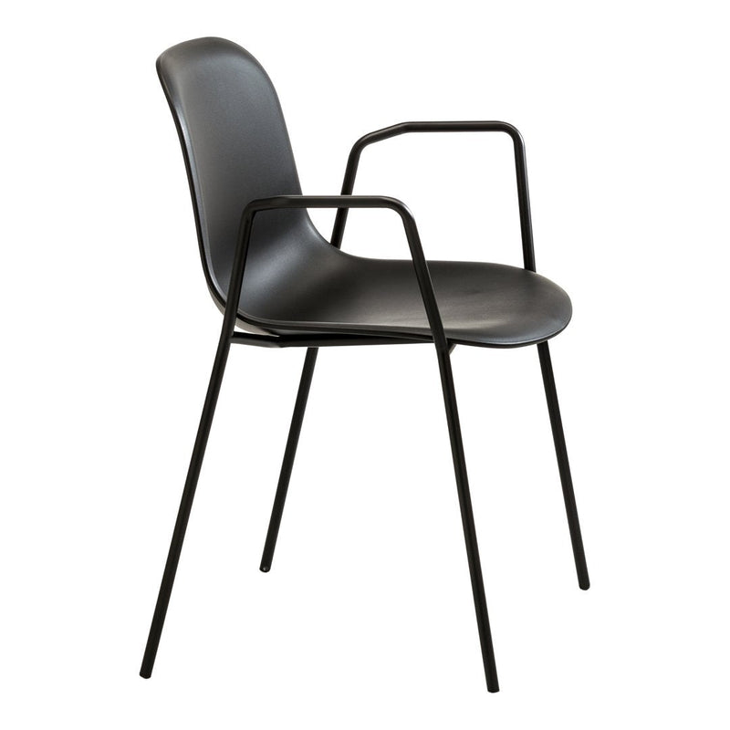 Sleek black chair with smooth, curved design and minimalist metal frame, ideal for modern decor.
