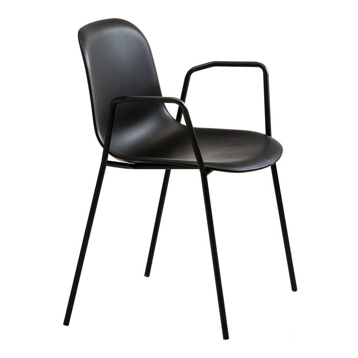 Black plastic chair with sleek, minimalist design, featuring a smooth surface and slender metal legs.