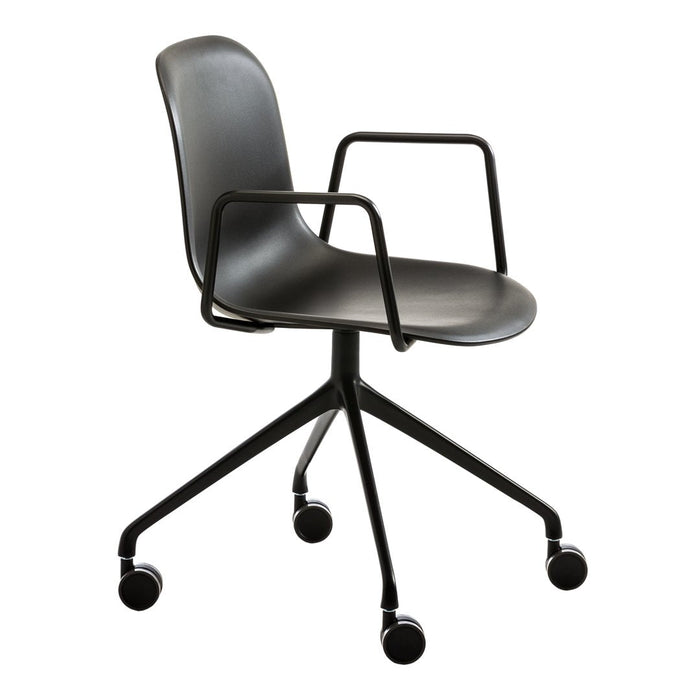 Black ergonomic swivel chair with a sleek plastic seat and arms, featuring a minimalist design and modern aesthetic.