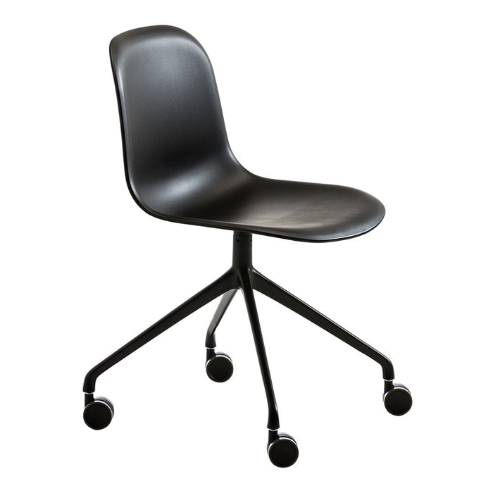 Black molded office chair on rolling casters with a minimalist design and sleek lines.