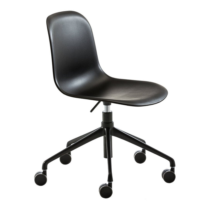 Sleek black office chair with a minimalist design and smooth, curved seat. Stylish and functional for any workspace.