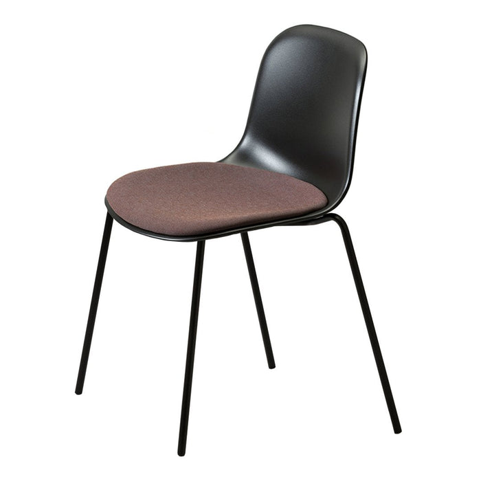Black chair with a brown fabric seat, featuring a sleek, minimalist design and smooth curves.