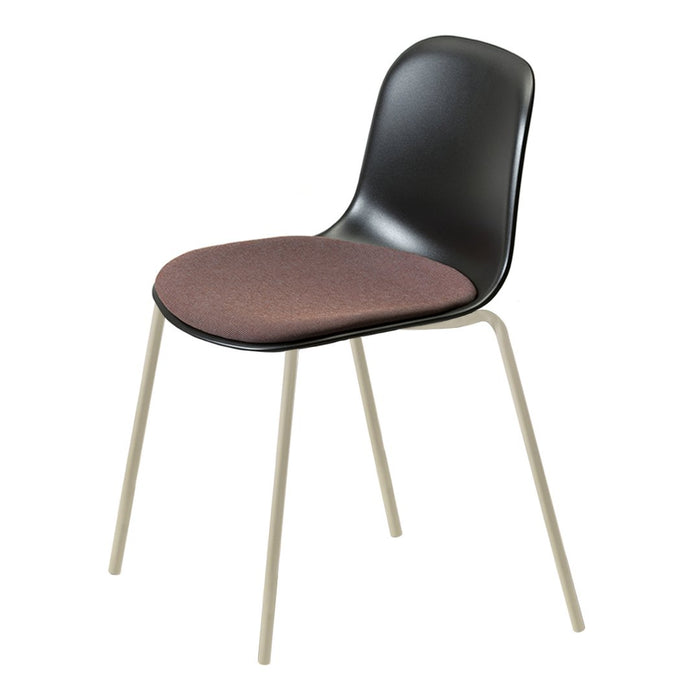Black chair with a smooth finish and a burgundy upholstered seat, featuring light beige metal legs.