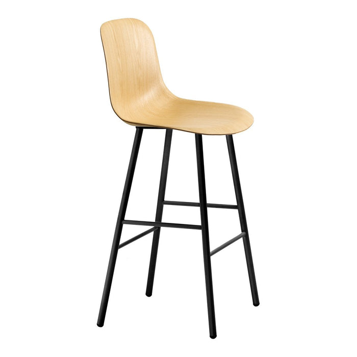 Natural wood finish seat with sleek black metal legs, featuring a minimalist design. Perfect for modern decor.