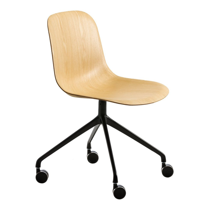 Light wood chair with a smooth finish and a sleek black five-star base on wheels. Modern minimalist design.