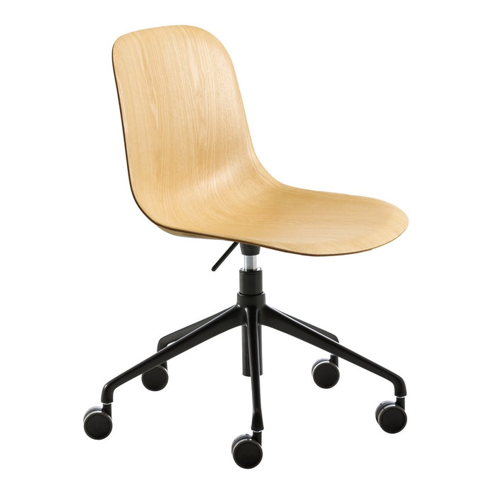Minimalist wooden chair in natural light wood finish with a sleek black base and rolling casters.