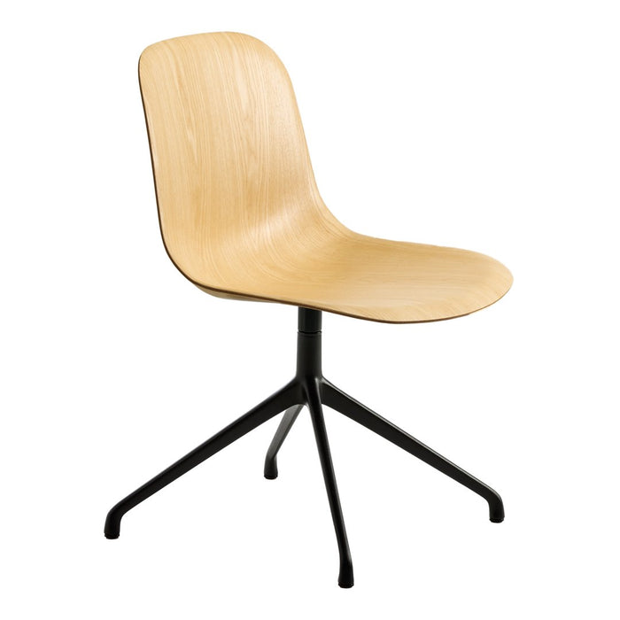 Light wood grain chair with a smooth finish and black metal base, featuring a minimalist, modern design.