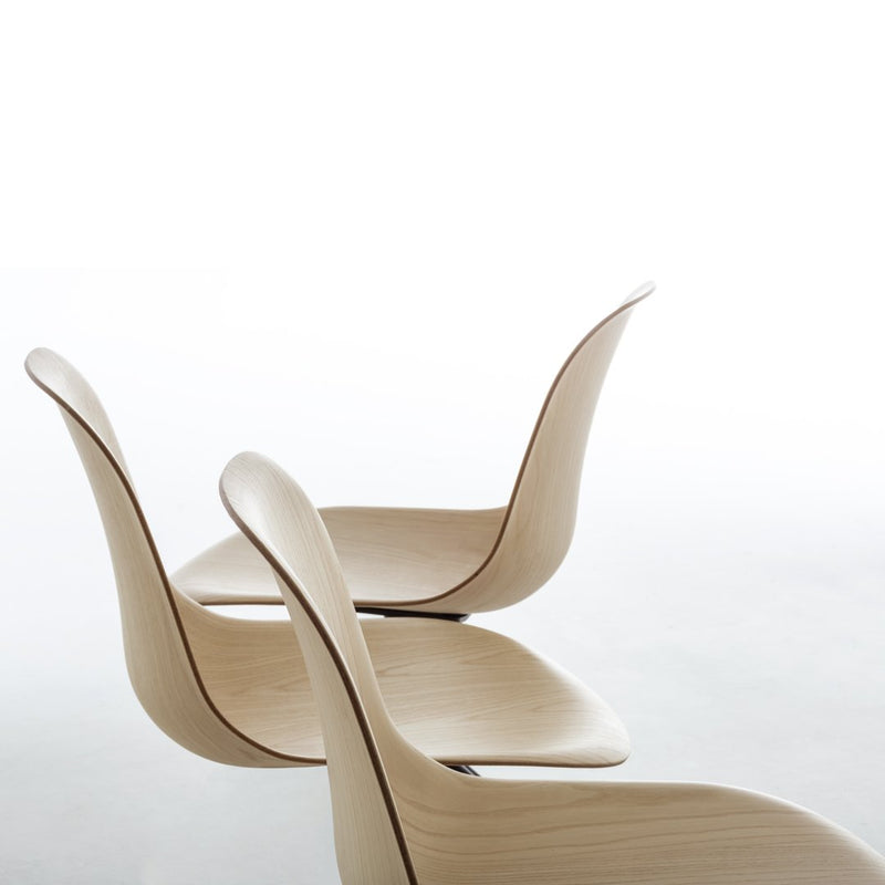 Light wood grain chairs with smooth, curved silhouettes against a white background. Elegant and modern design.
