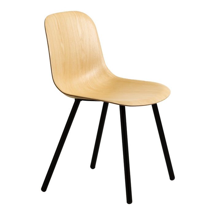 Light wood chair with a smooth finish and black metal legs, showcasing a minimalist design. Perfect for modern decor.