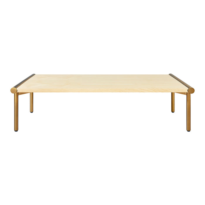 "Light wood coffee table with sleek natural finish and gold metal accents, showcasing a minimalist design."