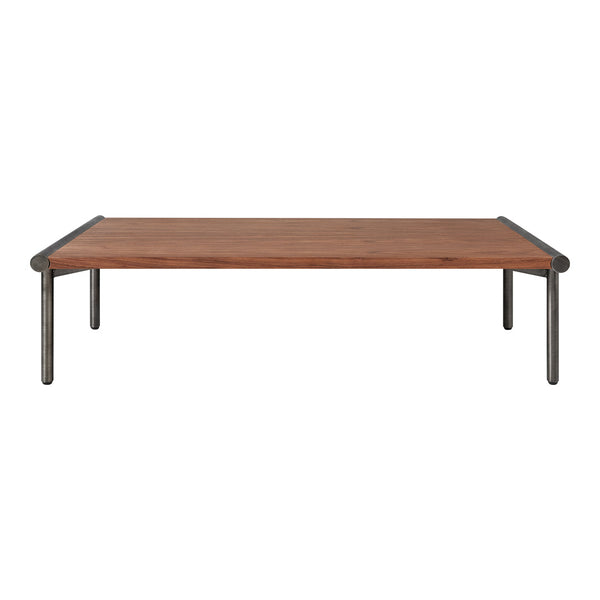 Wooden tabletop in warm brown with sleek black metal legs, featuring a minimalist design. Perfect for modern spaces.