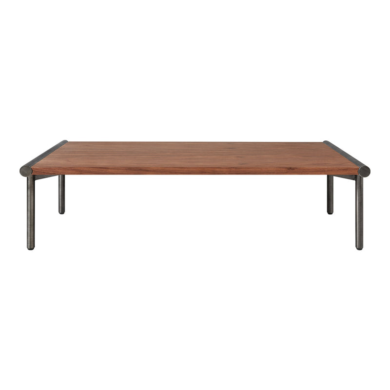 Wooden tabletop in warm brown with sleek black metal legs, featuring a minimalist design. Perfect for modern spaces.