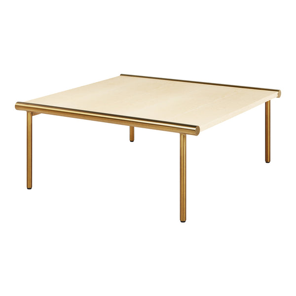 Beige square coffee table with a sleek gold frame, featuring a minimalist design and smooth surface.