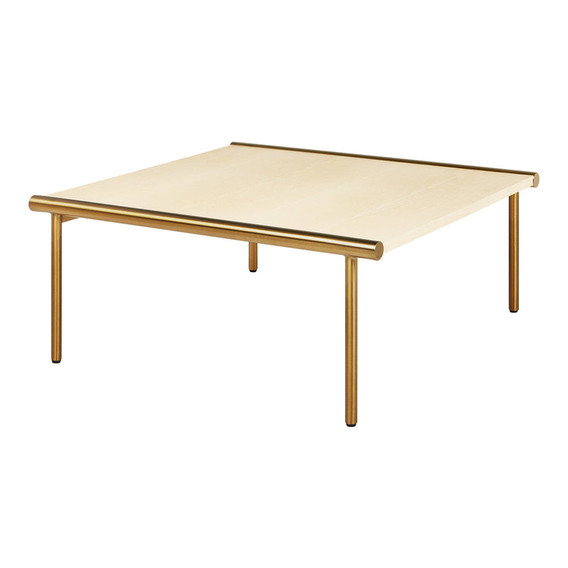 Beige square coffee table with a sleek gold frame, featuring a minimalist design and smooth surface.