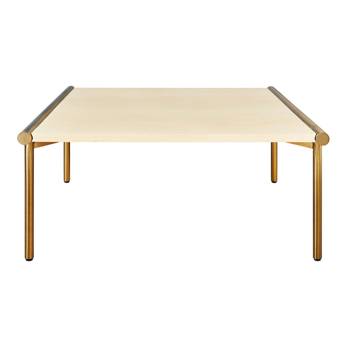 Light wood tabletop with sleek gold metal legs, featuring a minimalist design and smooth finish. Perfect for modern decor.