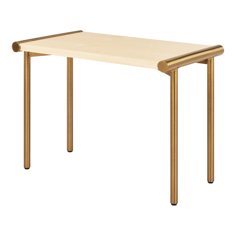 Light wood tabletop with gold accents and sleek black legs, offering a modern and stylish design. Perfect for any space.