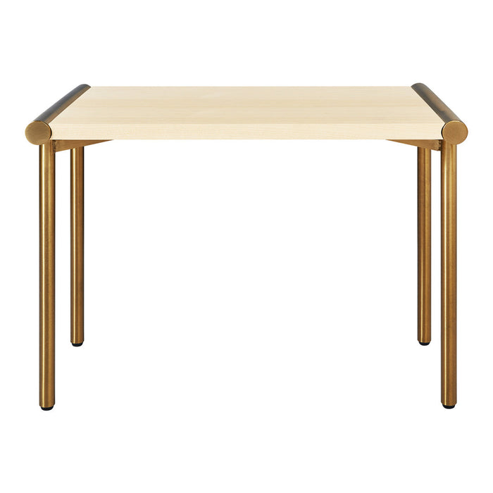 Light wood tabletop with gold metal accents, featuring a sleek, minimal design perfect for modern decor.