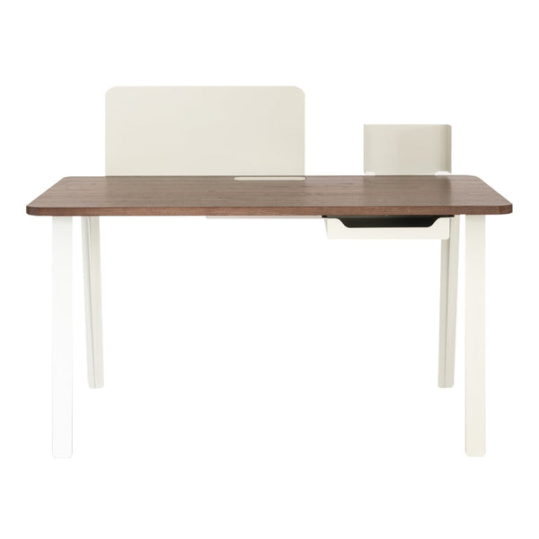 Modern desk featuring a walnut wood top, white legs, and minimalist cream accents. Stylish and contemporary design.