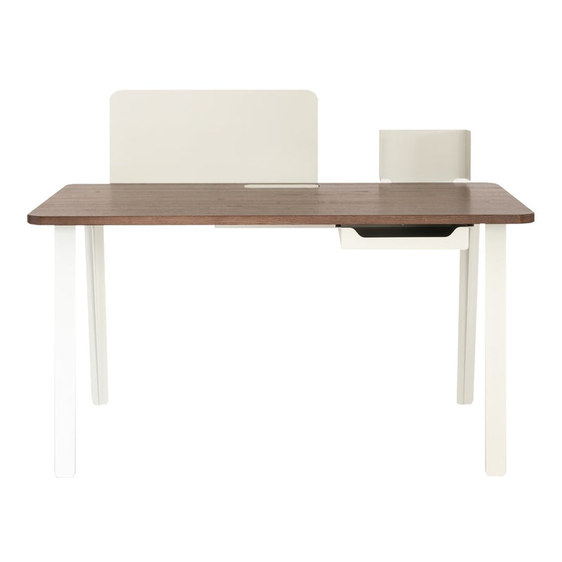 Modern desk featuring a walnut wood top, white legs, and minimalist cream accents. Stylish and contemporary design.