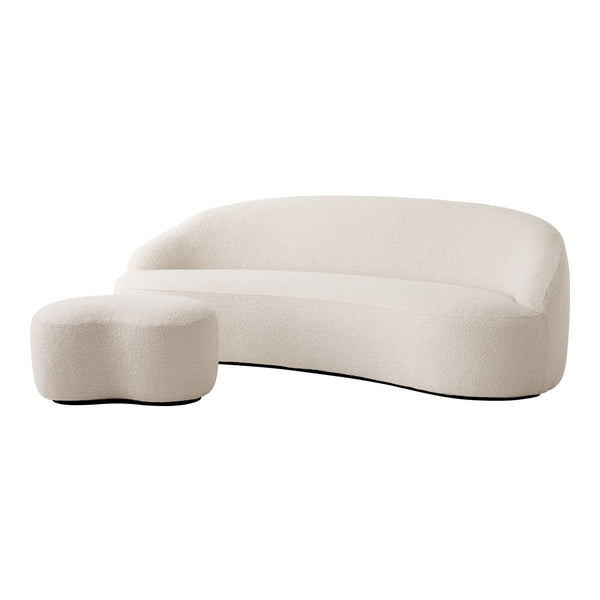 Curved modern sofa and ottoman set in soft cream upholstery, featuring smooth, minimalist design and no patterns.