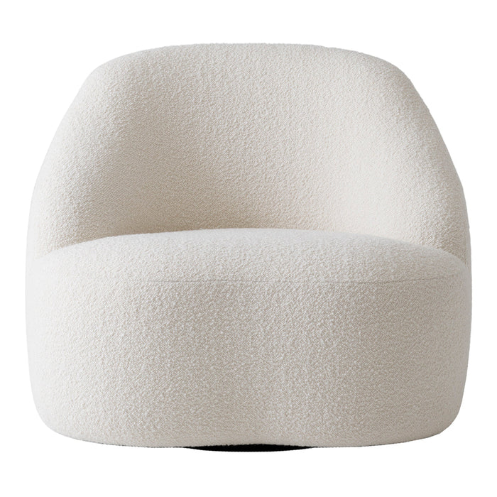 Soft white textured chair with a curved design, featuring a cozy, inviting, and modern look. Perfect for stylish interiors.