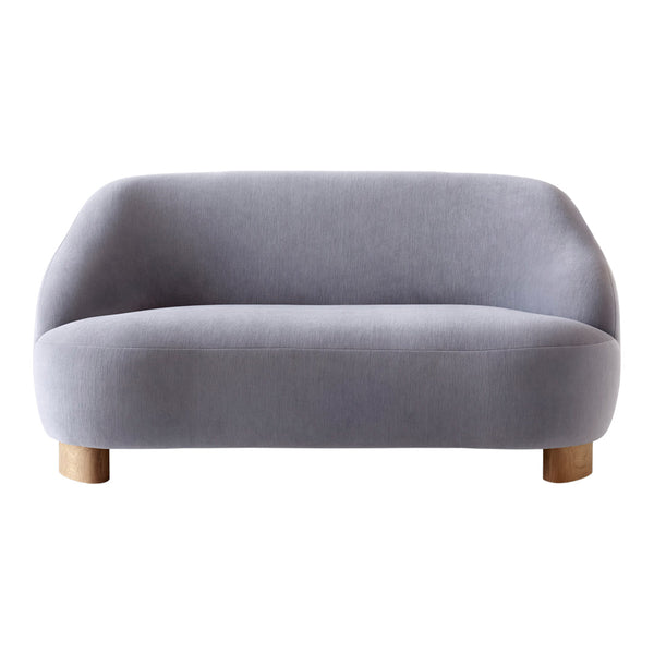 Gray modern sofa with smooth curves and wooden legs. Soft upholstery for a contemporary look.