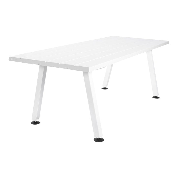 White outdoor table with a sleek, minimalist design and clean lines, featuring a smooth surface and sturdy legs.