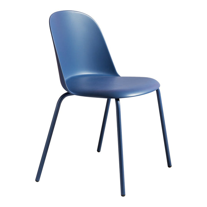Blue plastic dining chair with a smooth, minimalist design and sleek, slender legs. Perfect for modern decor.