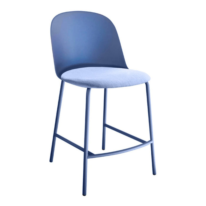 Modern blue dining chair with a smooth navy backrest and light blue fabric seat, featuring sleek metal legs.