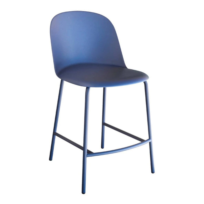 "Modern blue bar stool with a sleek, curved design and matte finish, perfect for contemporary spaces."