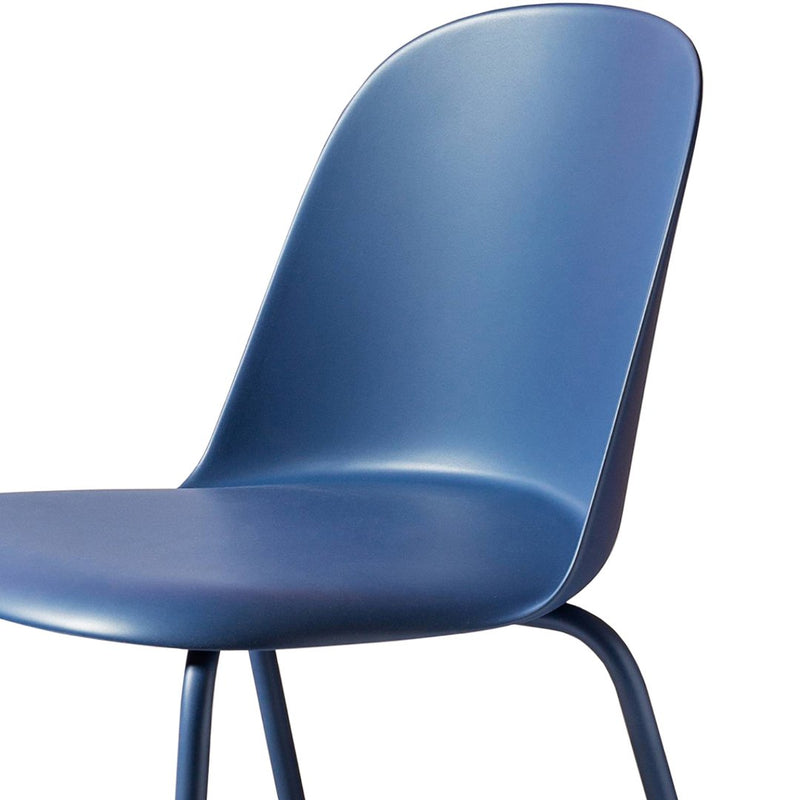Blue plastic dining chair with a smooth finish and contemporary design. Ideal for modern interiors.
