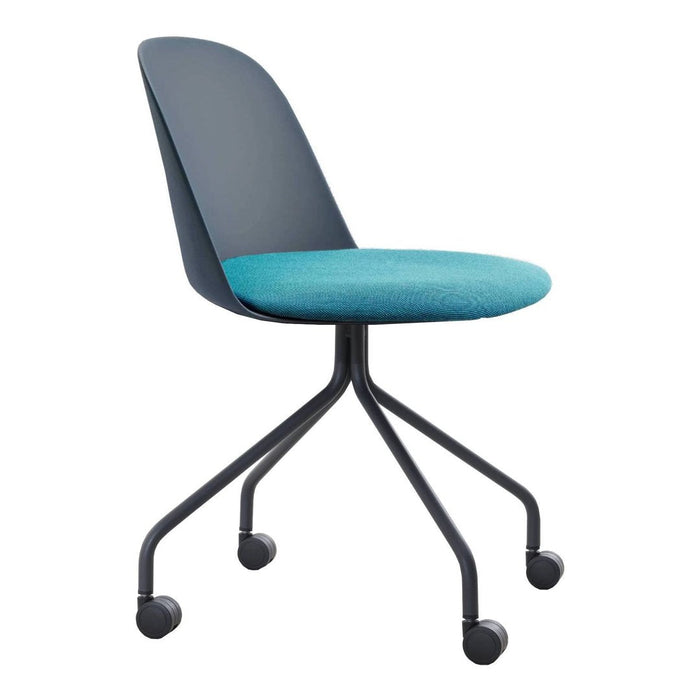 Modern chair featuring a dark gray backrest and a vibrant teal cushioned seat, set on a black wheeled base.