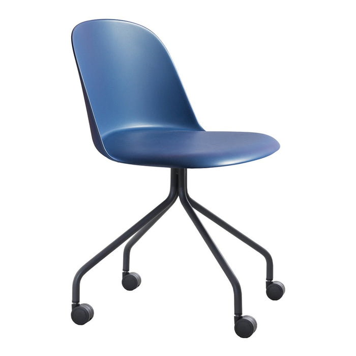 Blue plastic dining chair with a smooth finish and black metal base, featuring a minimalist design and no pattern.