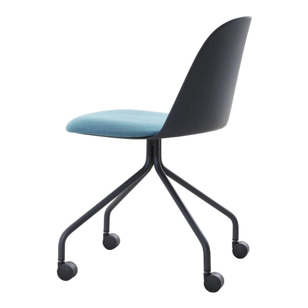 Stylish black chair with a soft blue seat, featuring a smooth, modern design and rolling casters.