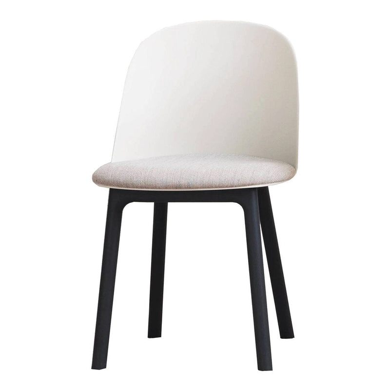 White upholstered chair with a light gray seat and black wooden legs, featuring a minimalist design.