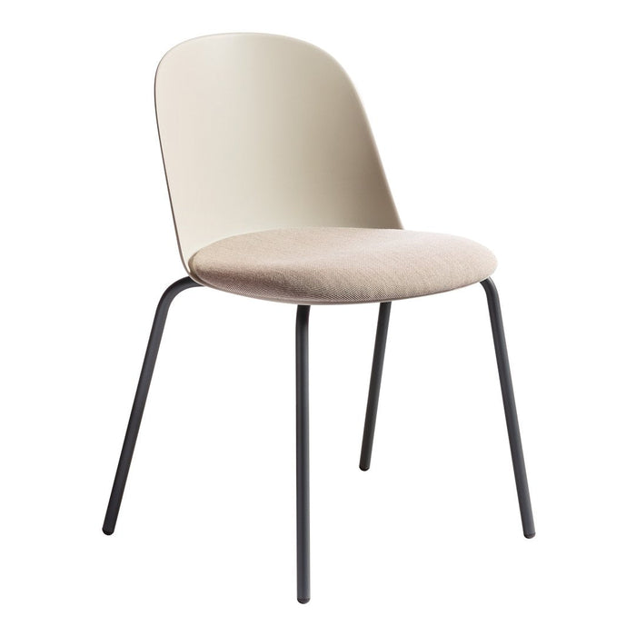 Beige chair with a textured fabric seat and sleek black metal legs, perfect for modern decor.