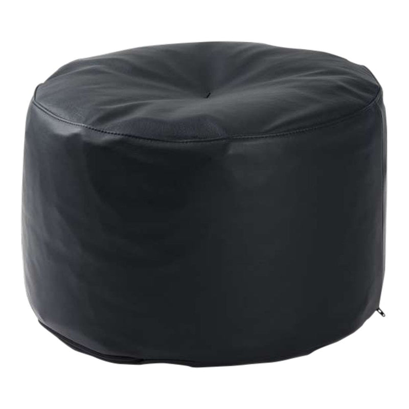 Black circular pouf with a smooth leather-like texture and subtle tufted top design. Perfect for modern decor.