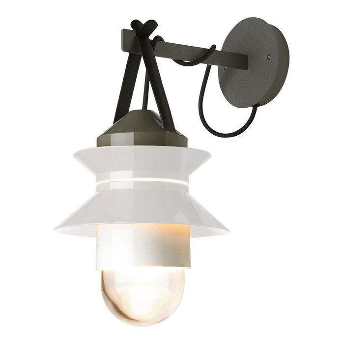 Modern wall lamp featuring a sleek gray mount, white layered shades, and an exposed light bulb for a stylish touch.