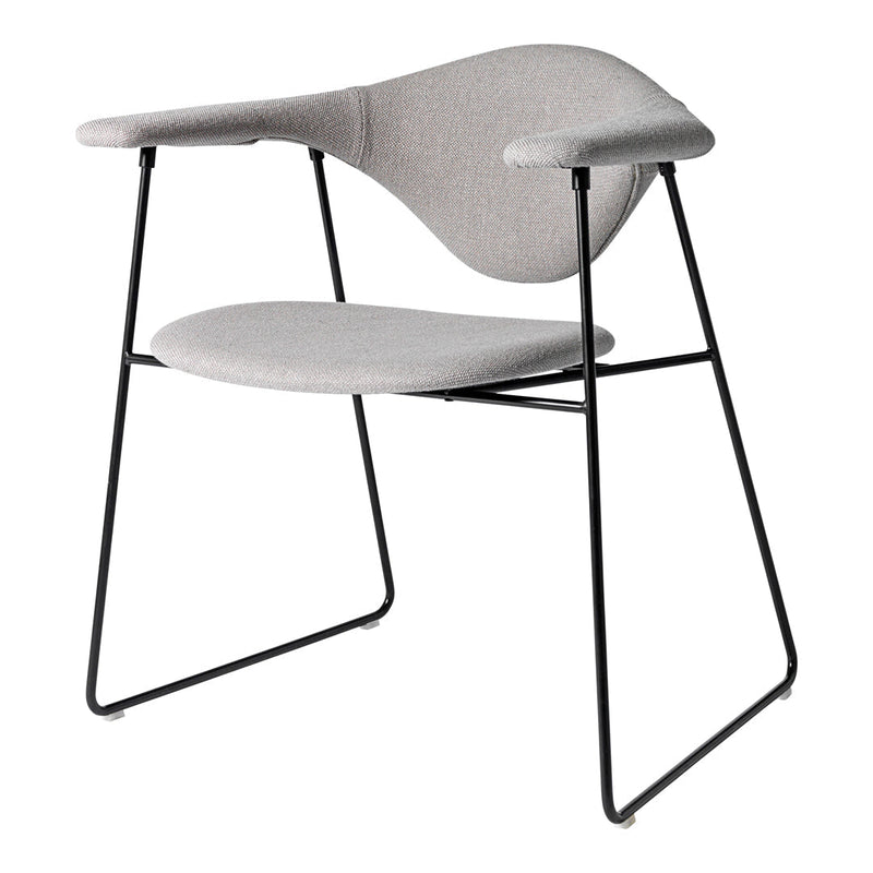 Light gray upholstered chair with a minimalist design and black metal frame. Stylish and modern for any space.