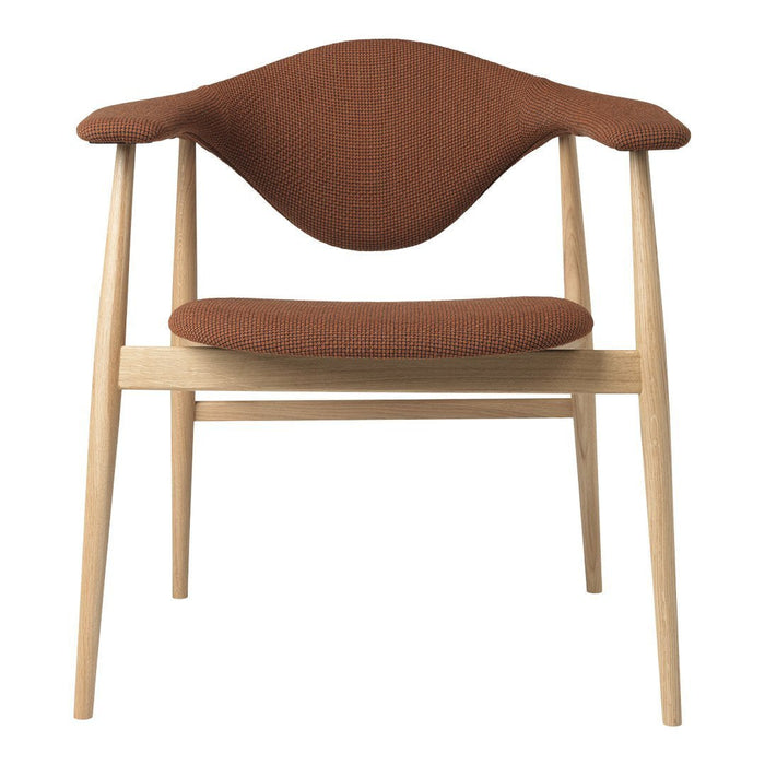 Brown upholstered chair with a textured pattern, supported by light wood legs. Elegant and modern design.