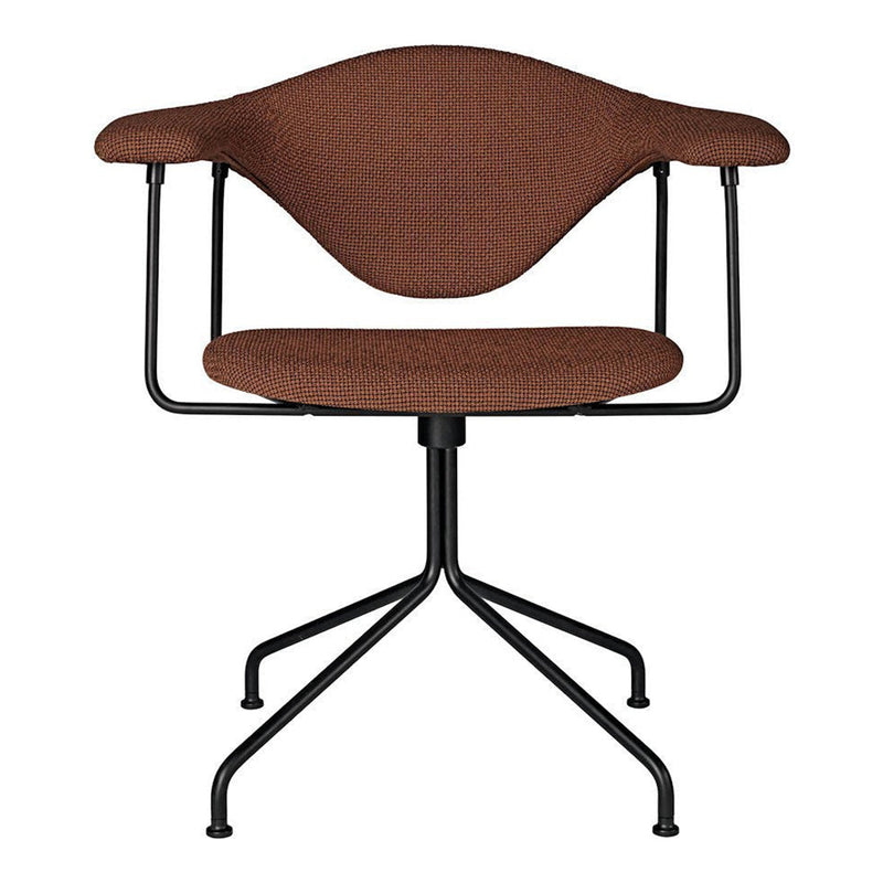 Brown textured fabric chair with an elegant design, featuring a sleek black metal base and arms. Perfect for modern spaces.