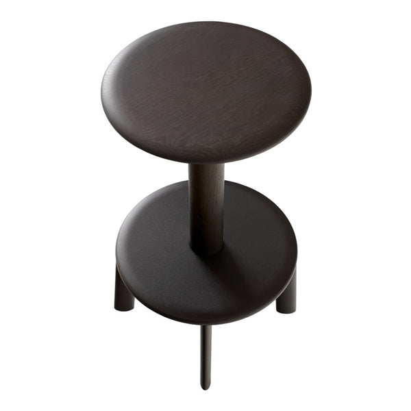 Stylish round stool in deep brown with smooth finishes, featuring a minimalist design and solid structure.