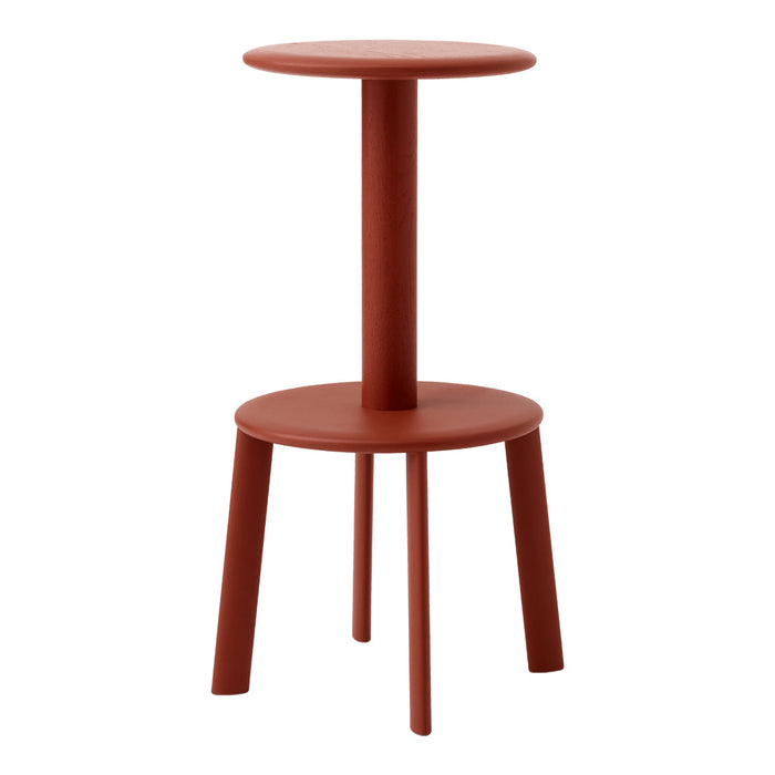 "Round red stool with a simple design, featuring a solid color and smooth finish, perfect for modern decor."