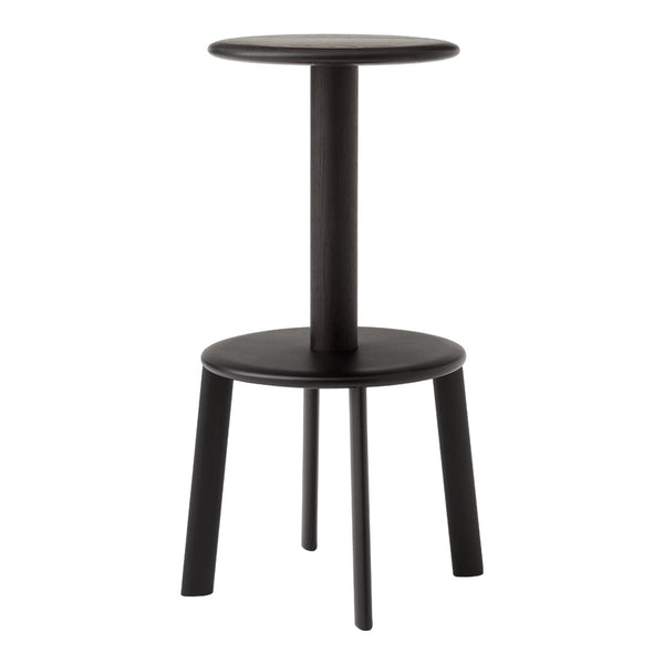 Black wooden stool with a sleek, minimalist design featuring two circular surfaces and four sturdy legs.