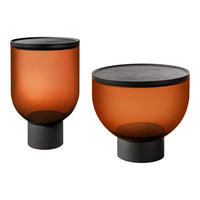 Set of two amber glass vases with matte black tops and bases, featuring smooth curves and a modern aesthetic.