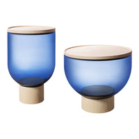 Set of two modern accent tables featuring blue glass and natural wood tops with a minimalist design.