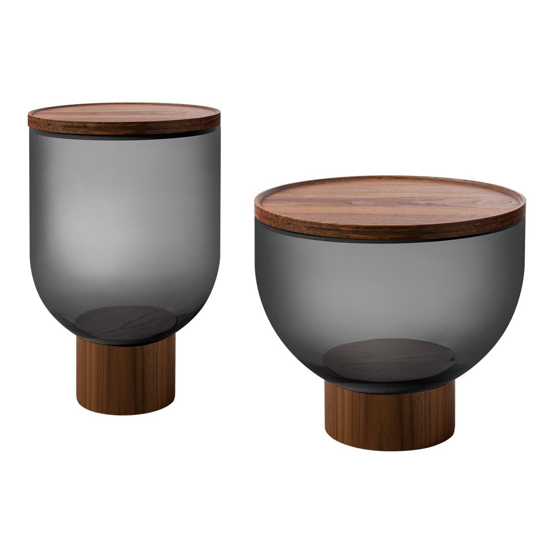 "Two modern side tables with smoky gray glass bodies and natural wood tops and bases, featuring sleek, contemporary designs."