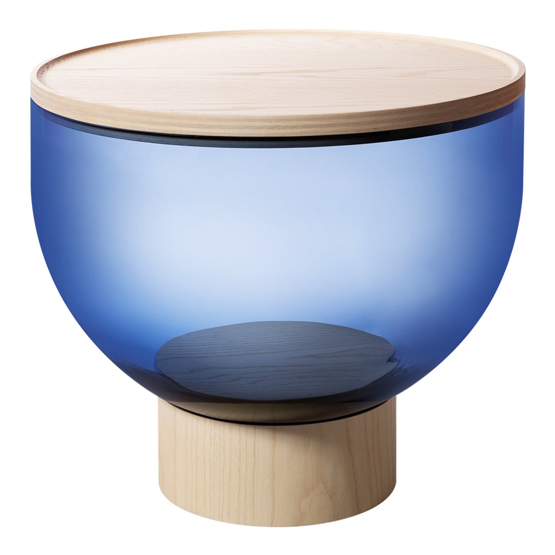 Blue glass bowl with a natural wood lid, featuring a smooth, rounded shape and minimalist design.