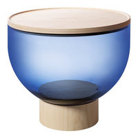 Blue glass bowl with a natural wood lid, featuring a smooth, rounded shape and minimalist design.