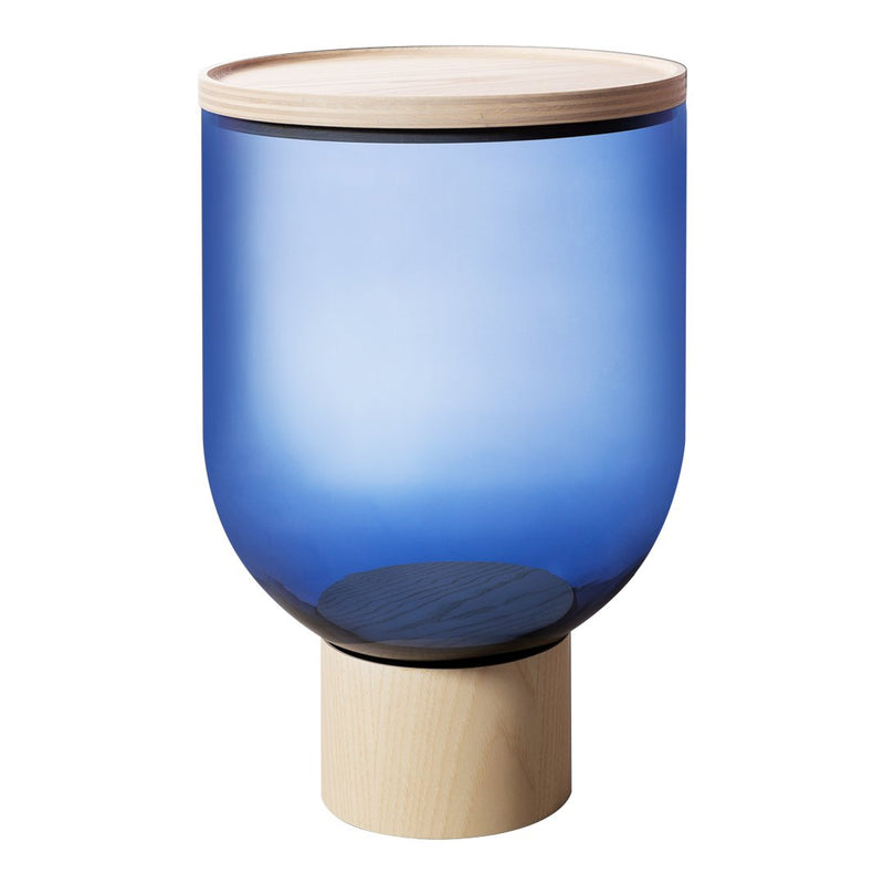 Blue glass lamp with a smooth gradient, featuring a natural wood top and a light-colored wooden base.